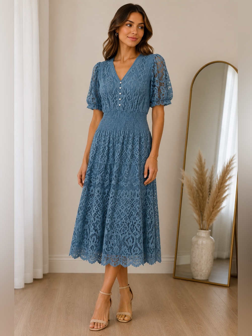 V-Neck Blue Lace Midi Dress with Smocked Waist